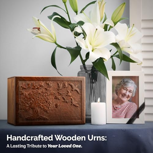 INTAJ Handmade Rosewood Urn for Human Ashes - Tree of Life Wooden Urns Hand-Crafted - Funeral Cremation Urn for Ashes (11x7.5x6 (340 Cu/In), Tree of INTAJ