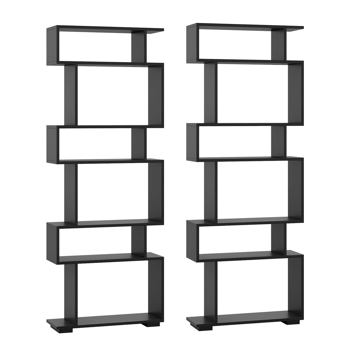 SILKYDRY 6 Tier S Shaped Bookshelf, Wood Geometric Bookcase, Modern Room Divider and Display Shelf, 64" Tall Staggered Bookshelf for Bedroom Living Room Office Study (2, Black) SILKYDRY