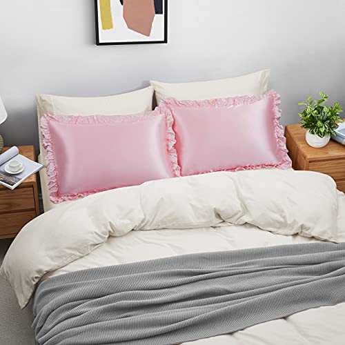 SiinvdaBZX Ruffled Queen Satin Pillowcase Set of 2, Blush Pink Silky Satin Pillow Cases for Women Ruffle Pillow Shams Covers Princess Room Decoration, with Envelope Closure SiinvdaBZX