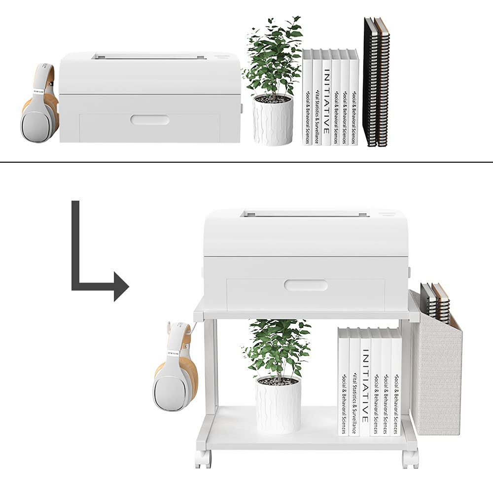 VEDECASA 2 Tier Modern White Wooden Under Desk Printer Stand with Storage Bag for Home Office Desktop Printer Table Organizer Mobile Printer Shelf Cart with Caster Wheel (White) VEDECASA