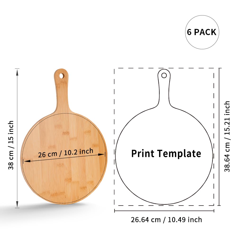 PYD Life 6 Pack Sublimation Bamboo Cutting Boards Round with Handle Blanks L 15" x W 10.2" Thickness 0.47“ Sublimation Wooden Pizza Boards for Kitchen Cheese Fruit Vegetables