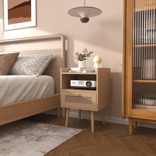 MECHYIN Rattan Nightstands, Bedside Tables with Charging Station, Rattan Drawers Nightstands, Rattan End Table with Solid Wood Feet, Side Table Nightstands sets for Bedroom - Natural MECHYIN