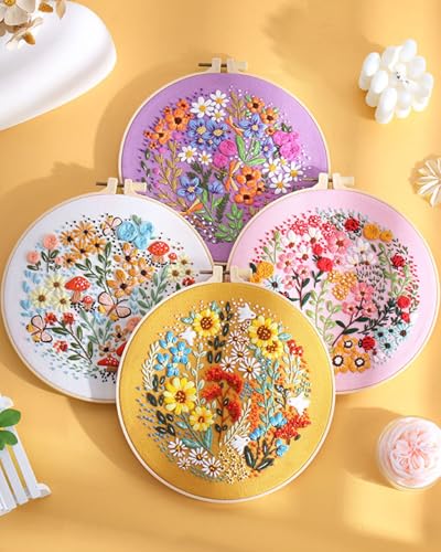 ERKOON 4 Sets Embroidery Kit for Beginners,Hummingbird and Flower Cross Stitch Set for Include Embroidery Cloth Hoops Threads for Craft Lover Hand Stitch (Flower) ERKOON