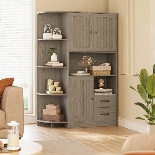 Gizoon 60.4" Farmhouse Kitchen Pantry Storage Cabinet with Doors and Adjustable Shelves, Large Kitchen Hutch with Drawers, Freestanding Cupboard for Dining Room, Living Room, Grey Gizoon