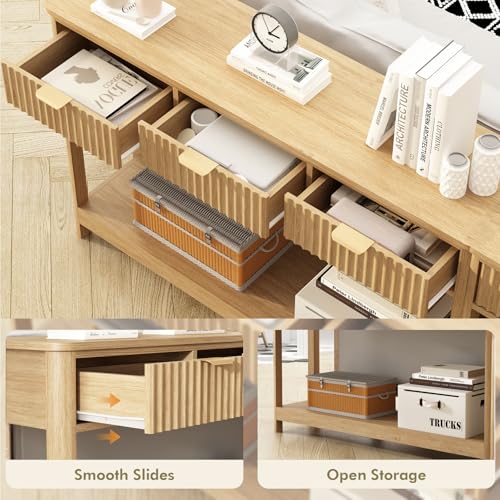 HOKYHOKY Fluted Console Table with Drawers, Modern 47.1" Entryway Table with Storage Shelf, Boho Narrow Skinny Behind Couch Wood Sofa Table for Living Room Hallway Entrance Foyer, Natural HOKYHOKY