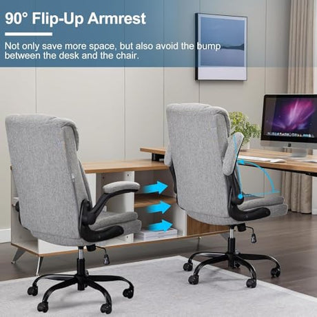 BRTHORY Office Chair High Back Ergonomic Executive Computer Desk Chair Comfortable Fabric Padded Home Office Desk Chairs with Flip-up Arm Rest Adjustable Height Swivel Wheels (Grey) BRTHORY