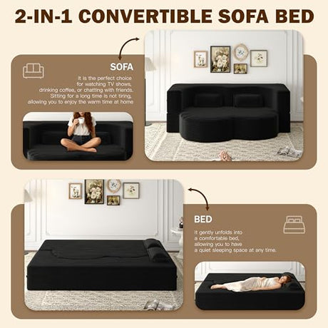 78" Full Size Convertible Futon Sofa Bed, Corduroy Folding Sleeper Sofa Bed with Pillow, Foam Mattress Futon Loveseat Couch, No Assembly Folding Boneless Couches for Living Room, Space‑Saving, Black extrasleep