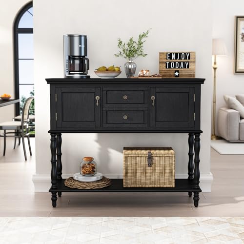 ARTPOWER Console Table with 2 Drawers, Retro Entryway Table with 2 Door Cabinets and Open Storage Shelf, Narrow Long Behind Couch Sofa Table for Living Room, Foyer, Hallway, Black ARTPOWER
