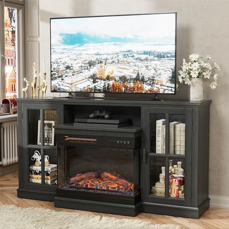 JUMMICO Fireplace TV Stand for TVs up to 65'', 3-Sided Glass Media Entertainment Center Console Table with Cabniet Storage Adjustable Flame LED Color for Living Room (Black) JUMMICO