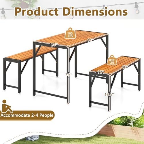 Tangkula 3-Pieces Patio Dining Set for 4 People, Outdoor Picnic Table & 2 Benches, 44" Acacia Wood Dining Table w/Metal Frame, Space-Saving Dinette Set for Garden Porch Poolside Yard Balcony Tangkula
