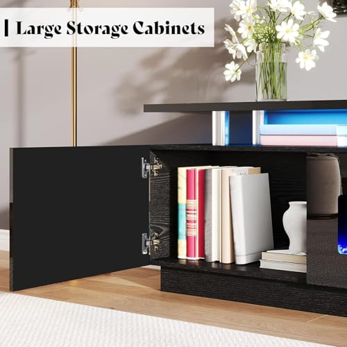 AMERLIFE 90" High Gloss 2 Tier TV Stand with 50" Electric Fireplace, Modern Luxury Large Entertainment Center/w LED Lights, Media Console Table Storage Cabinet for TVs Up to 100", Living Room, Black AMERLIFE