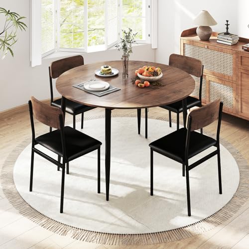 Giantex 5-Piece Dining Table Set for 4, 43.5" Round Kitchen Table and 4 Upholstered Dining Chairs with Drop Leaf Tabletop, Sturdy Metal Frame, Space Saving Farmhouse Dinette Set for Dinette Dinner Giantex