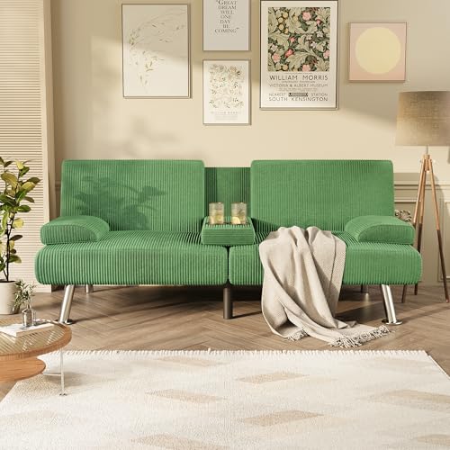 Homall Futon Sofa Bed, Futon Couch with Removable Armrests, Adjustable Recliner Sleeper Sofa Bed with Dual Cup Holders for Living Room, Apartment, Office (Corduroy, Green) Homall