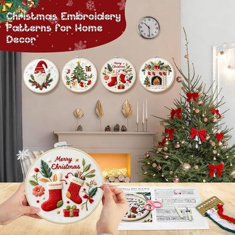 QCCTPUU 4 Sets Christmas Embroidery Kits, Beginner Embroidery Kit for Adults, Cross Stitch Kits for Beginners with Hand Embroidery Tools(Instructions, Needles, Threads QCCTPUU
