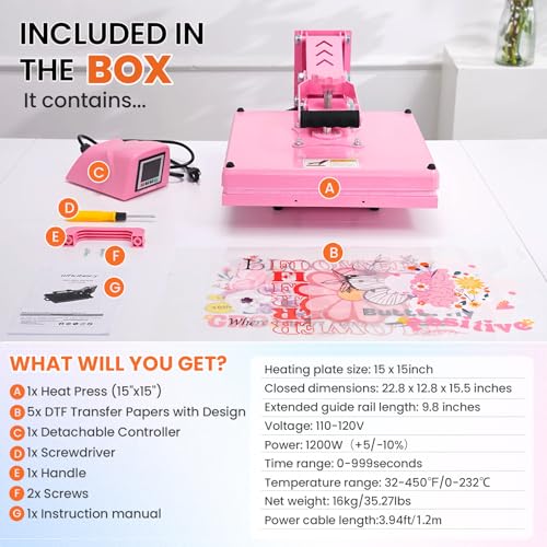Whubefy Heat Press 15x15 Slide Out, Industrial-Quality Clamshell Sublimation Heat Transfer Machine with 5 DTF Transfer Sheets, Digital Heat Press Machine for T Shirts/Bags/Pillows/Mouse Pad (Pink) Whubefy