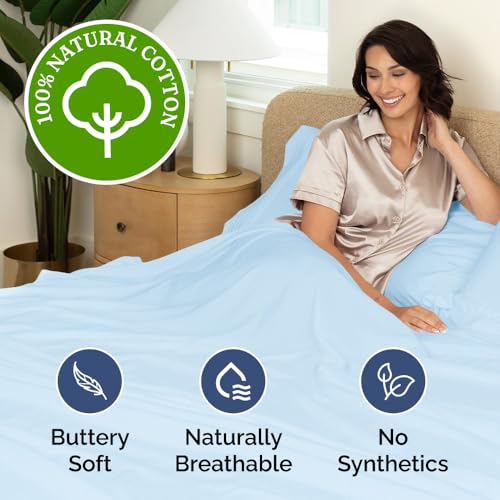 Twin XL Sheet Set - 100% Cotton Sheets - 3 Piece Twin XL Size Cotton Bed Set with Deep Pockets up to 16 Inches - Soft, Breathable & Cooling - Fade and Stain Resistant - Machine Washable - Light Blue CGK Unlimited