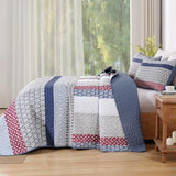 WONGS BEDDING Blue Red Quilt King Size, Bohemian Stripe Quilt Sets 3 Pieces Boho Quilted Bedspread Set Lightweight Microfiber Coverlet Bedding Set All Season (104"x90") WONGS BEDDING