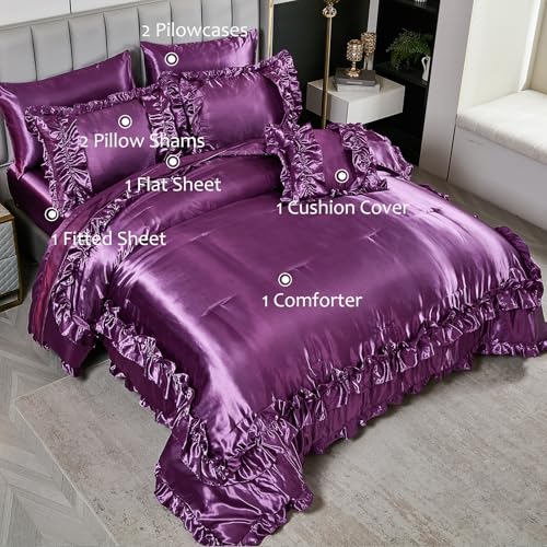 MOVE OVER Purple Satin Comforter Set King Size Purple Ruffle Bedding Set 8 Pieces Satin Bed in a Bag Farmhouse Shabby Chic Ruffle Design Silk Like Satin Comforter Sets MOVE OVER