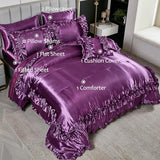 MOVE OVER Purple Satin Comforter Set King Size Purple Ruffle Bedding Set 8 Pieces Satin Bed in a Bag Farmhouse Shabby Chic Ruffle Design Silk Like Satin Comforter Sets MOVE OVER