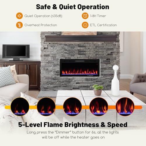 Tangkula 5100 BTU Electric Fireplace Inserts 40 Inches, 1500W Wall Mount Fire Places with Remote, Multicolor Flames, 5 Brightness & Speed Adjustable, Touch Screen Tangkula