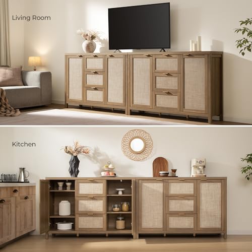 SICOTAS 52" Larger Sideboard Buffet Coffee Bar Cabinet with Storage - Farmhouse Rattan Credenza Storage Cabinet with 3 Drawers and 2 Doors, Boho Console Table for Living Room, Kitchen, Light Oak SICOTAS
