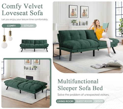 Convertible Velvet Futon Sofa Bed, Comfy 72" L Sleeper Couch with Thicker Cushion, Upholstered Modern Reclining Loveseat Folding Sofa for Small Living Room, Dorm, Apartment, Office, Emerald Antetek