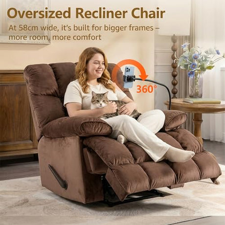 Cooexult Oversized Recliner Chair for Living Room, Extra Wide Manual Recliner for Big Man, Soft Velvet Fabric Recliner Sofa with Phone Holder for Living Room, Bedroom and Home Theater, Brown Cooexult