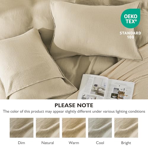 EMME Muslin Cotton Duvet Cover Set Light Tan King Size Linen Like Soft Breathable Lightweight Summer Comforter Cover Set with Zipper Closure (Light Tan, King, 104"x90") EMME
