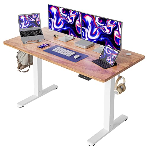 Cubiker 55 x 24 Inch Standing Desk, Stand up Height Adjustable Home Office Electric Table, Sit Stand Desk with Splice Board, White Frame & Light Rustic Brown Desktop Cubiker
