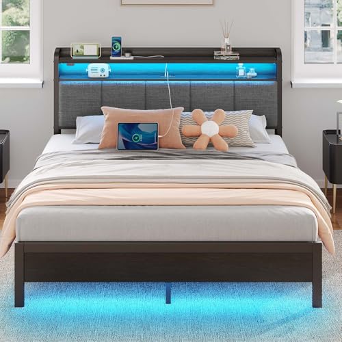 Rolanstar Queen Bed Frame with LED Lights, Upholstered Headboard, Charging Station, Storage Shelves, Heavy Duty Metal Slats, No Box Spring Needed, Noise Free, Easy Assembly, Dark Grey Rolanstar