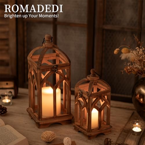 Romadedi Farmhouse Candle Lantern Wooden - 12" / 16" Set of 2 Decorative Rustic Wood Candle Holder Home Decor Decoration Wedding Table Centerpiece, Brown Romadedi