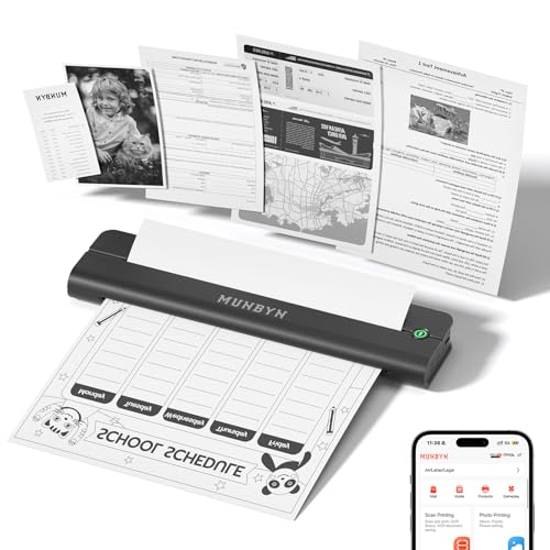 MUNBYN Portable Printer Wireless for Travel, Small Bluetooth Inkless Thermal Printer Support 8.5 x 11 US Letter & A4, Compatible with Laptop, macOS,Windows, Android & iOS for Car,Home Office & School