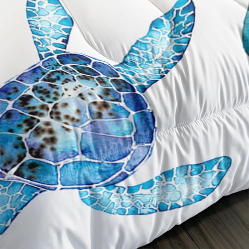 XYNHML Blue Sea Turtle Comforter 3Pcs Ocean Bedding Set Twin Coral Starfish Shell Fish Bedding Set for Kid Teen Girl Boy Adult Bed Decor Conch Manta Ray Quilt with 1 Comforter and 2 Pillowcases XYNHML