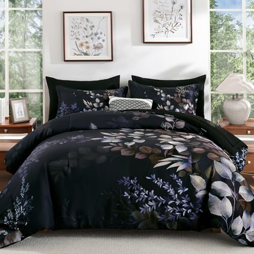 Xruibed Black Comforter Set King Size 7 Pieces Bed in a Bag, Botanical Floral Print Bed Sets, Elegant Flower Comforter with Sheet Set, Soft Microfiber Bedding Set for All Season (Black, 104"x90") Xruibed