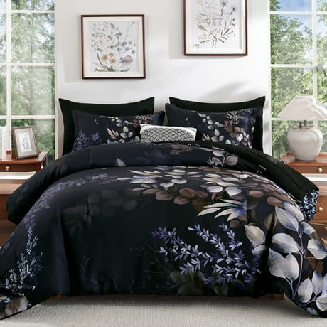 Xruibed Black Comforter Set King Size 7 Pieces Bed in a Bag, Botanical Floral Print Bed Sets, Elegant Flower Comforter with Sheet Set, Soft Microfiber Bedding Set for All Season (Black, 104"x90") Xruibed
