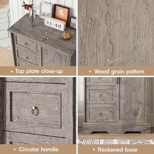 Vabches Farmhouse Dresser Storage Cabinet Chest of Drawer for Bedroom, 5 Drawer Dresser with Sliding Barn Door, 48" Tall Wood Rustic Dresser for Bedroom, Living Room, Entryway, Hallway, Washed Grey Vabches