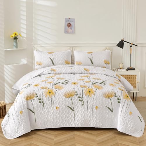 Dinjoy Quilt Set Queen Cute Floral Bedspread Coverlet Yellow Flower Quilts Microfiber Lightweight Summer Bedding Sets Reversible Soft Quilted Bed Cover for All Season(96"x90") Dinjoy