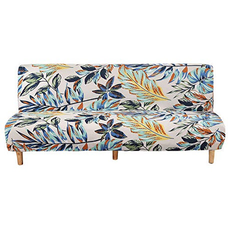 WOMACO Printed Futon Cover Stretch Sofa Bed Slipcovers Full Twin Queen Size Armless Couch Loveseat Protector Covers with Elastic Bottom for Living Room Bedroom Furniture (Rain Leaves, 75"-86.6") WOMACO