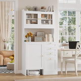 70.8"H Tall Robot Vacuum Stand Cabinet with 4 Drawers for Hanging Files, Pantry Storage Cabinet with Microwave Stand Printer Stand and Adjustable Shelves Bookcase for Living Room, Office, White Keyluv