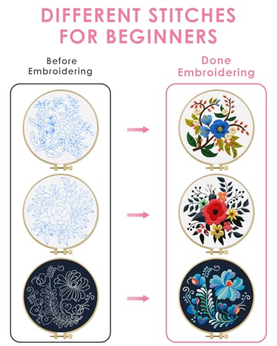 TINDTOP 3 Sets Embroidery Kit for Adults, Floral Embroidery Practice Kit for Beginners Include Embroidery Cloth Hoops Threads for Craft Lover Hand Stitch with Embroidery Skill Techniques TINDTOP