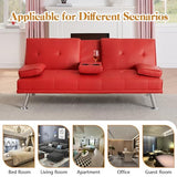 Modern Futon Sofa Bed, 67 Inch Leather Convertible Futon Couch Loveseat Sleeper for Small Spaces,Comfy Folding Recliner Couches for Living Room, Adjustable Backrest,2 Cup Holders,Metal Legs (RED) Xinmviec