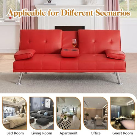 Modern Futon Sofa Bed, 67 Inch Leather Convertible Futon Couch Loveseat Sleeper for Small Spaces,Comfy Folding Recliner Couches for Living Room, Adjustable Backrest,2 Cup Holders,Metal Legs (RED) Xinmviec