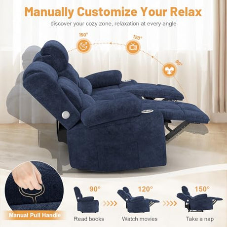 Dresegmt Loveseat Recliner Sofa, Flip Middle Backrest Design 3 Seat Reclining Sofa with Storage Drawer, USB Ports & Cup Holders, Manual Couch for Living Room/RV (Blue) Dresegmt