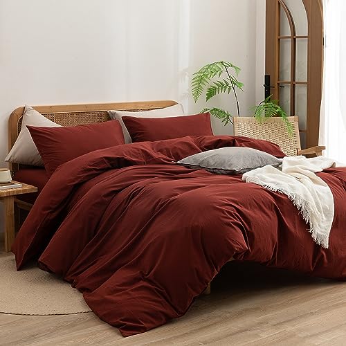 BESTOUCH Duvet Cover Set 100% Washed Cotton Linen Feel Super Soft Comfortable Chic Lightweight 3 PCs Home Bedding Set Solid Fired Brick Red Full/Double BESTOUCH