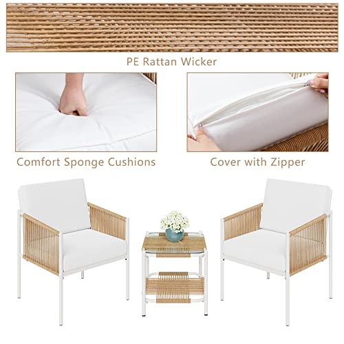 JAMFLY Outdoor Patio Furniture Set 3 Piece, Rattan Furniture Conversation Set, Small Wicker Patio Furniture Set for Porch, Backyard, Balcony with Soft Cushions and Glass Table JAMFLY