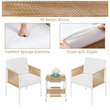 JAMFLY Outdoor Patio Furniture Set 3 Piece, Rattan Furniture Conversation Set, Small Wicker Patio Furniture Set for Porch, Backyard, Balcony with Soft Cushions and Glass Table JAMFLY