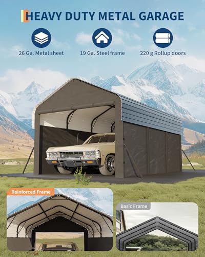 Garvee 10'X15'X9' Metal Carport, Enclosed Car Ports with Heavy Duty Steel Frame and 220 g Tarp, All-Weather Carport, for Sedans, Boats, and Tractors Garvee