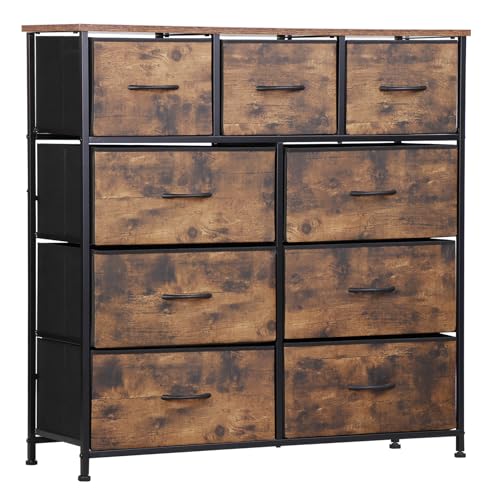 SUPER DEAL Dresser for Bedroom Fabric Dresser Storage Tower Tall Chest Organizer Unit with 9 Drawers for Living Room Nursery Entryway Closets, Steel Frame, Wood Top Rustic Brown SUPER DEAL