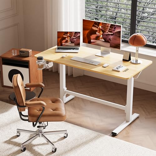 FitStand Pneumatic Standing Desk, 39.4" x 23.6" One-Piece Adjustable Height Home Office Desk, Rolling Computer Workstation with Hooks & Cup Holder,2 Rear-Mounted Hidden Casters, Maple FitStand
