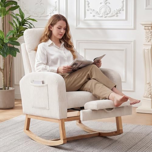 Garvee Teddy Fleece Nursery Rocking Chair,Upholstered Glider with 26" High Backrest, Padded Seat,Modern 300 Lbs Weight Capacity Accent Recliner for Living Room, Bedroom, Reading